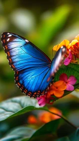 Brilliant blue butterfly rests gently on bright garden flowers