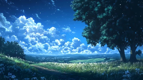 Moonlit meadow path beneath luminous drifting clouds.