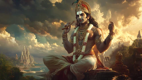 Divine flute-bearer resting above a storm-touched river kingdom.