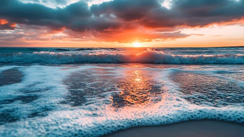Vivid ocean sunset with breaking waves and glowing reflections.