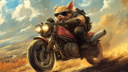 Armored pig riding motorcycle through dusty landscape.