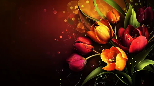 Luminescent Tulips Against Darkness with Bokeh Light Effects.