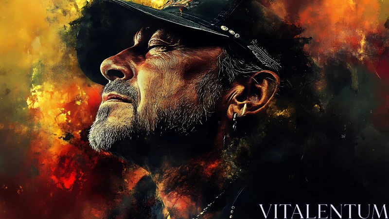 Weathered man in cap against blazing abstract colors.