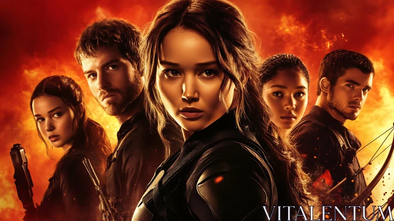 Centrally lit combat squad framed by high contrast fire background