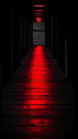 Red-lit pier tunnel framing night water horizon view.
