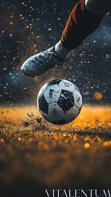 Soccer boot strikes wet ball under golden stadium light.