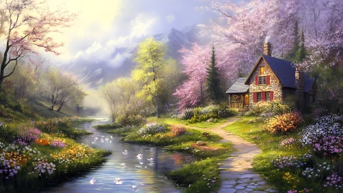 Stone cottage stands by reflective stream amid dense spring flora