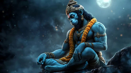 Moonlit warrior-monk of blue furred divinity rests in thought