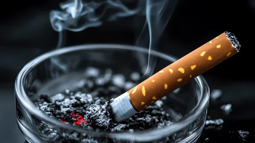 Lit cigarette rests in glass ashtray amid ash and smoke