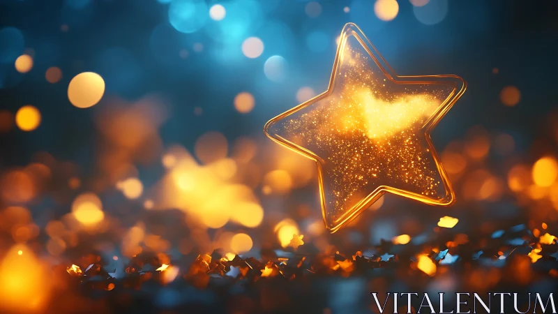 Luminous glass star sculpture in vivid bokeh field.