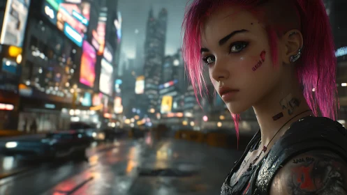 Neon punk portrait in rain-soaked futuristic megacity street.