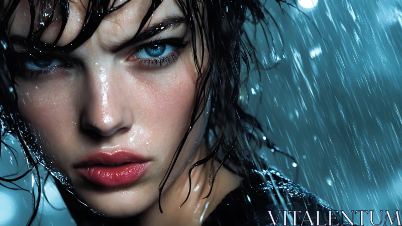 Close-up wet portrait of person under heavy artificial rain