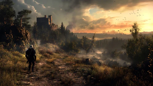 Lone warrior walks toward a misty castle at burning dusk