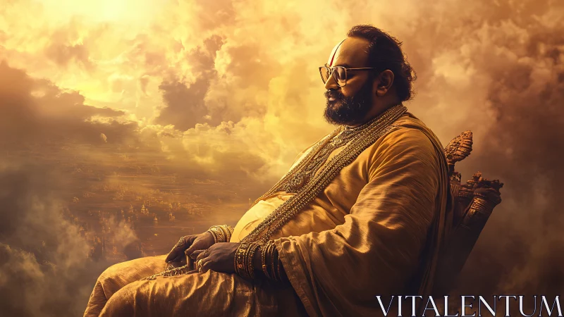 Digital painting portrait of serene guru in radiant clouds.