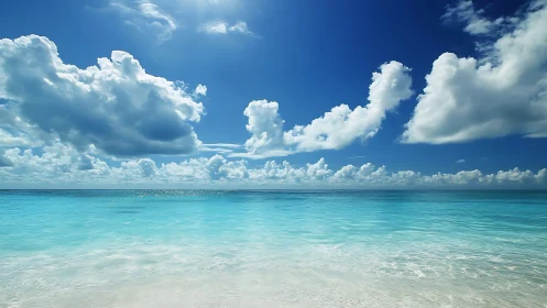Calm turquoise sea under wide sky with bright cumulus clouds.