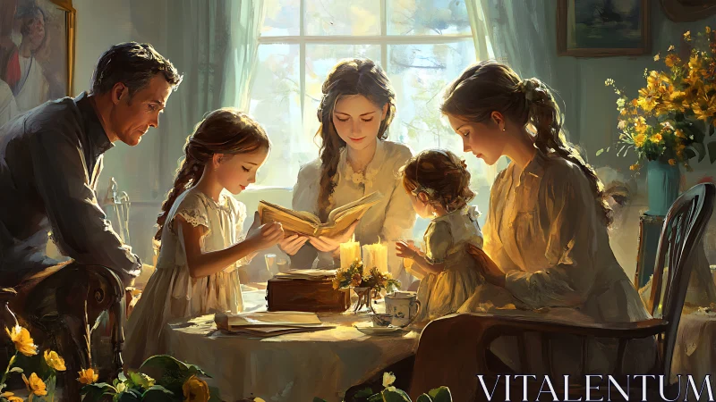 Family sits around table reading a book in warm daylight