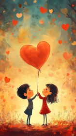 Two Figures Holding Red Heart Balloon in Warm Light.