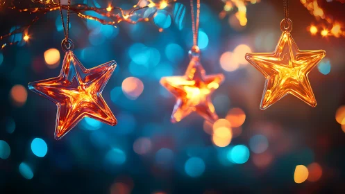 Glowing glass star ornaments shimmer in festive holiday bokeh