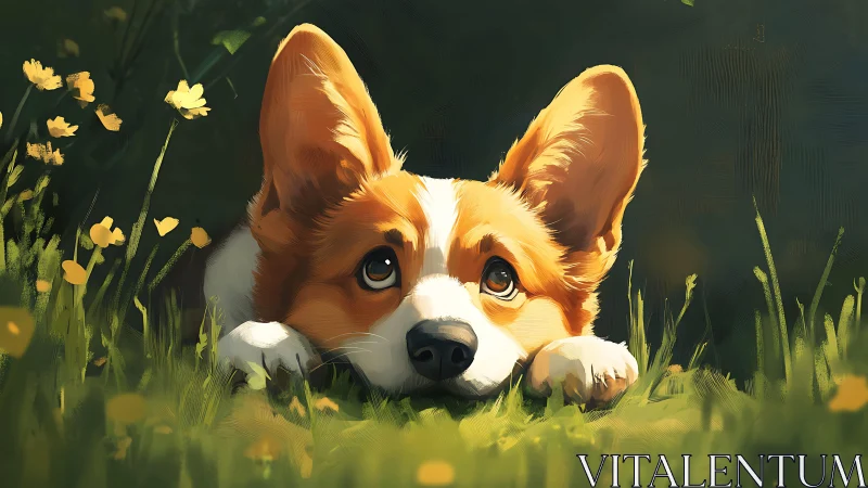Digital corgi portrait resting in grass with yellow flowers.