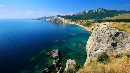 Rocky coastal cliffs above clear blue sea and distant hills.