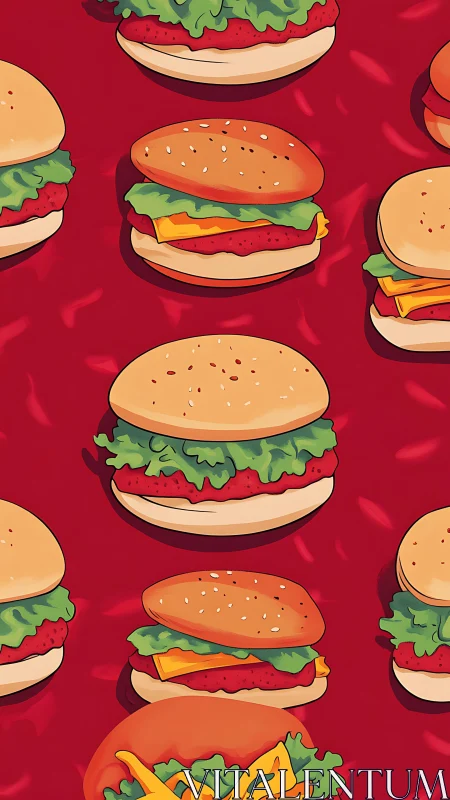 Seamless hamburger pattern with stylized shading and flat color layering