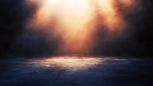 Empty concrete floor under dramatic warm spotlight glow.