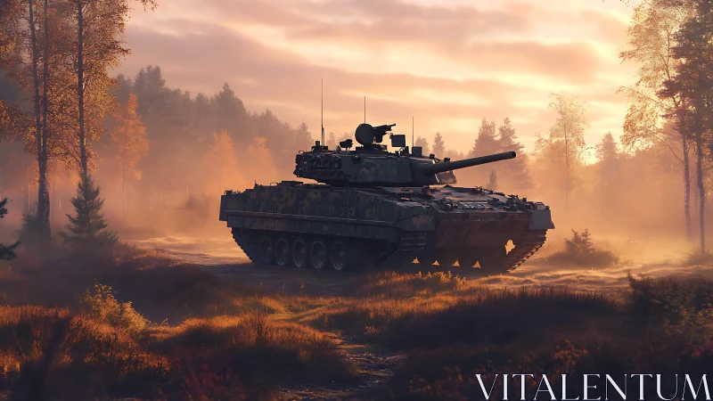 Main battle tank cuts through misty forest sunrise glow.