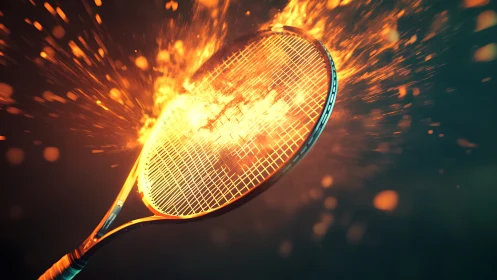 Flaming tennis racket bursting with dynamic fiery energy.