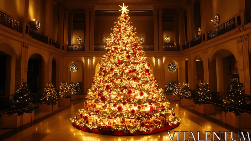 Large illuminated Christmas tree stands centered in grand hall