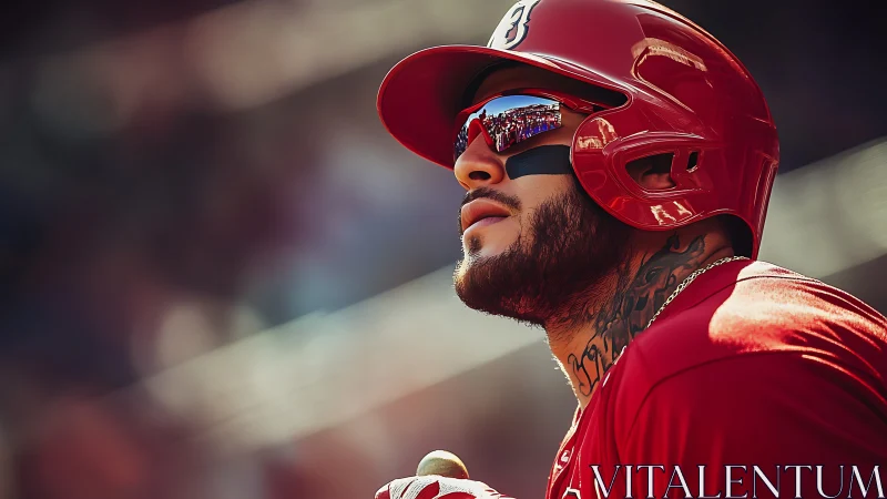 Crimson-clad slugger watching stadium lights simmering above.