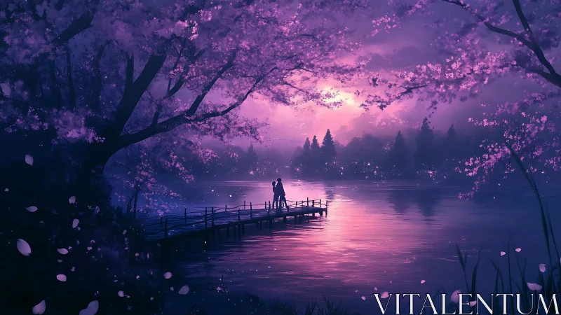 Moonlit lovers beneath violet blossoms on a silent lake.