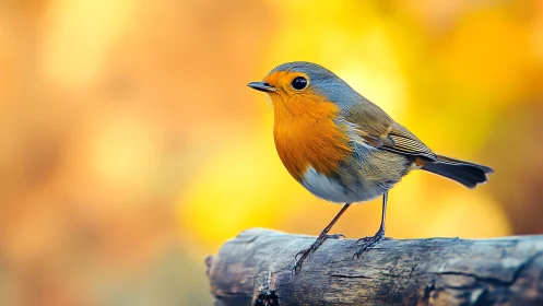 European robin on branch with vibrant autumn bokeh background.