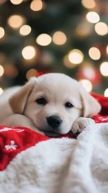 Golden retriever puppy resting on festive blanket.