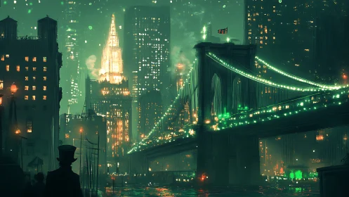 Noir city bridge at night with illuminated skyscrapers skyline.