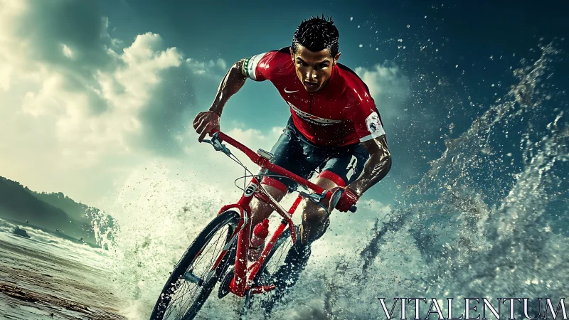 Cyclist rides aggressively through shallow coastal water