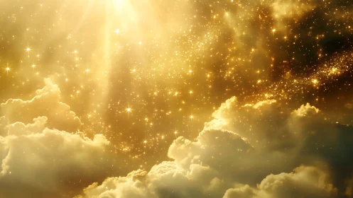 Golden celestial clouds under radiant star-filled heavens.