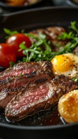 Sliced medium steak rests beside egg, tomato and greens