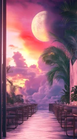 Diffuse neon sunset terrace under oversized lunar horizon glow