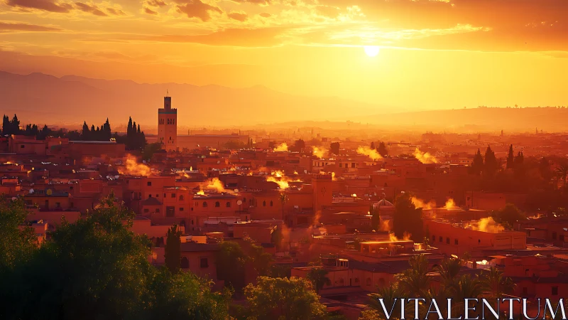 Sunlit Maghreb cityscape captures dense rooftops under haze
