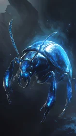 Bioluminescent armored beetle stalks through deep shadowed cavern