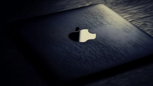 Metallic apple logo gleams over dark brushed surface.