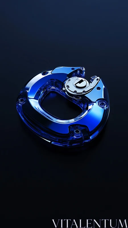 Futuristic blue lock ring rendered on dark reflective surface.