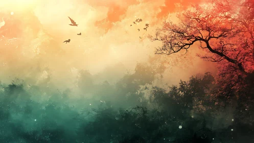 Dreamlike forest canopy with birds in glowing sunset haze.