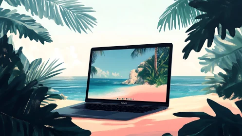 Laptop on tropical beach with digital island scene displayed.