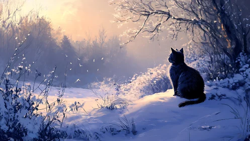 Black Cat at Winter Dusk in Snowy Forest Path.