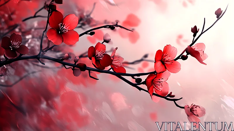 Red Cherry Blossoms on Black Branches Against Soft Pink Gradient.
