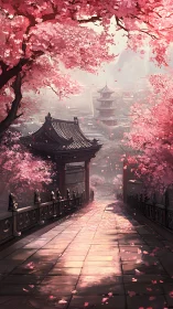 Cherry blossom corridor leads to distant pagoda in diffuse backlight