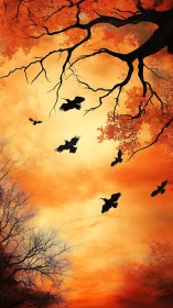 Silhouetted crows crossing autumn branches at sunset sky.