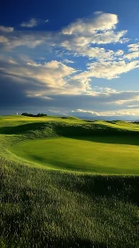 Sunlit golf green under dramatic evening sky panorama.