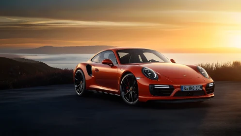Sunset coast drive with a sleek red sports car glow.